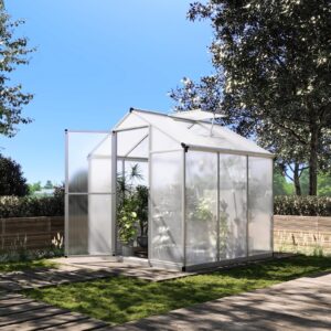 6x6 FT Greenhouse for Outdoors, Polycarbonate Greenhouse with Quick Setup Structure and Roof Vent, Aluminum Large Walk-in Greenhouse for Outside Garden Backyard, Silver