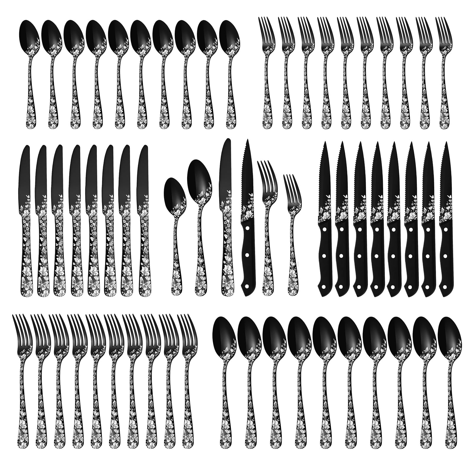 Stapava 48-Piece Black Silverware Set with Steak Knives, Stainless Steel Cutlery Flatware Set for 8, Utensil Sets Include Forks Spoons and Knives for Home Kitchen, Mirror Polished, Dishwasher Safe