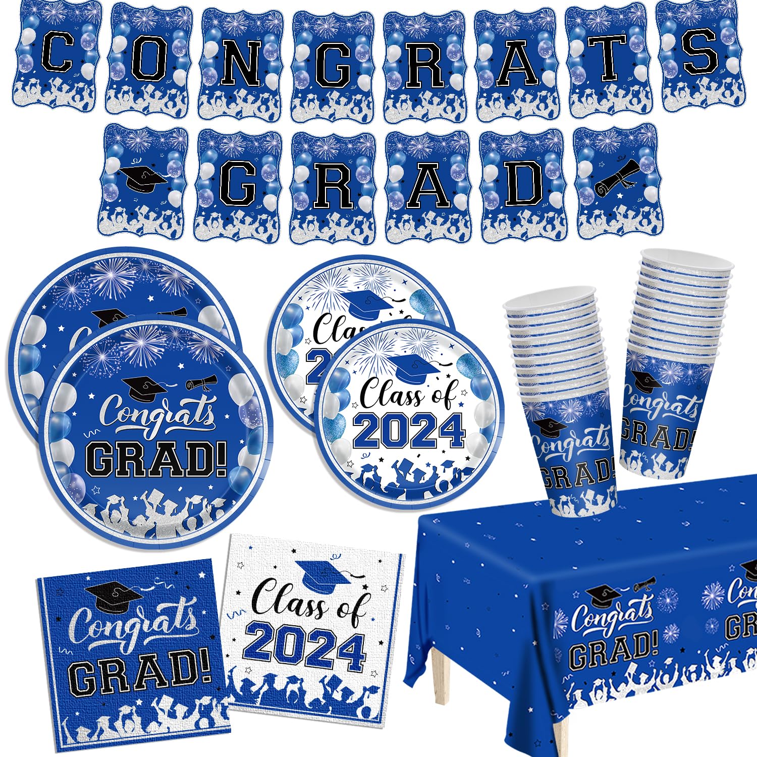 Graduation Plates and Napkins 2024 Graduation Decorations Class of 2024 Blue Silver Graduation Party Supplies Cups Tablecloth Banner Dineware for Congrats Grad Party Decorations Serve 25