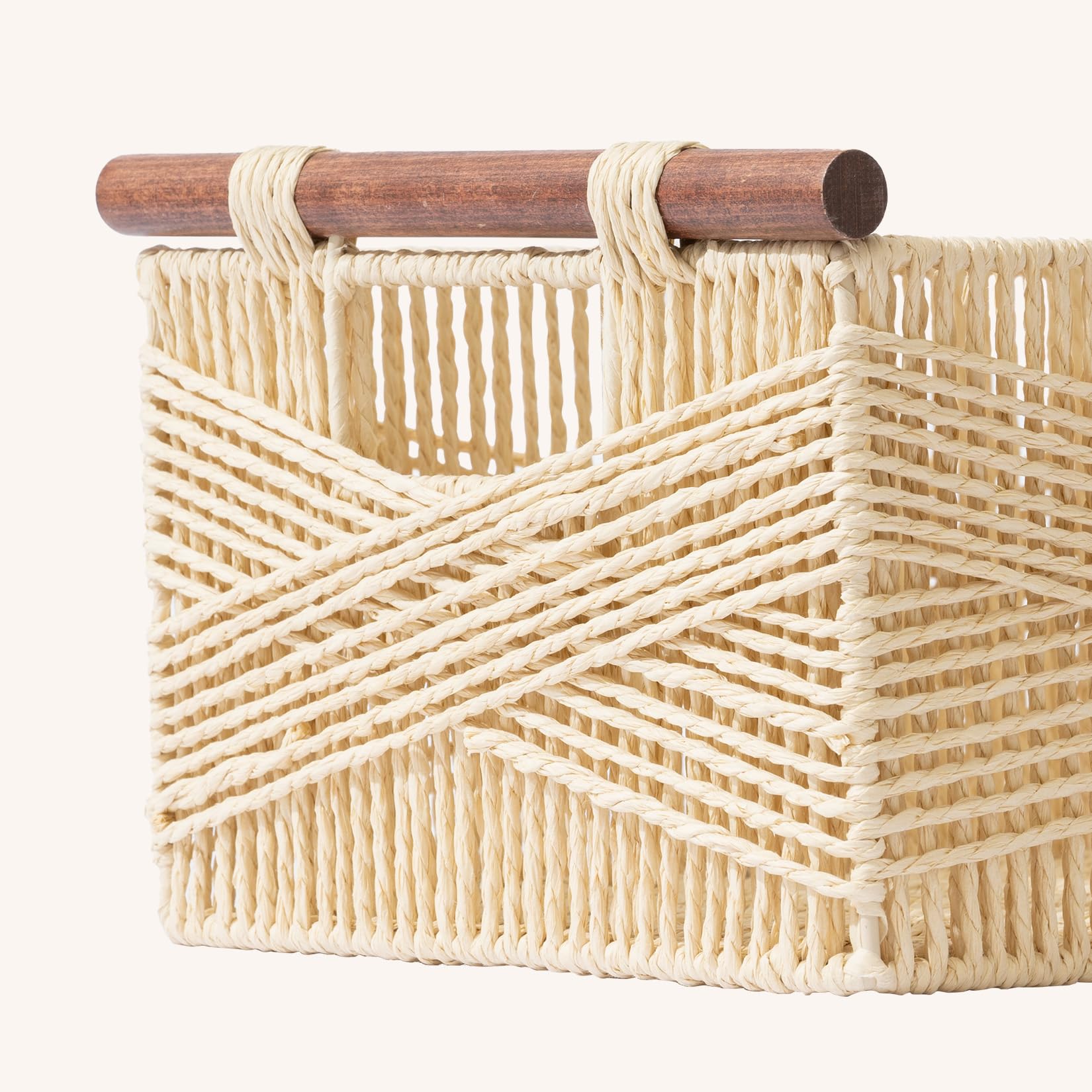 La Jolie Maison Beige Wicker Storage Baskets for Organizing, Recyclable Paper Rope Rectangular Baskets with Wood Handles, Decorative Hand Woven Basket Bins for Shelves, Set of 2