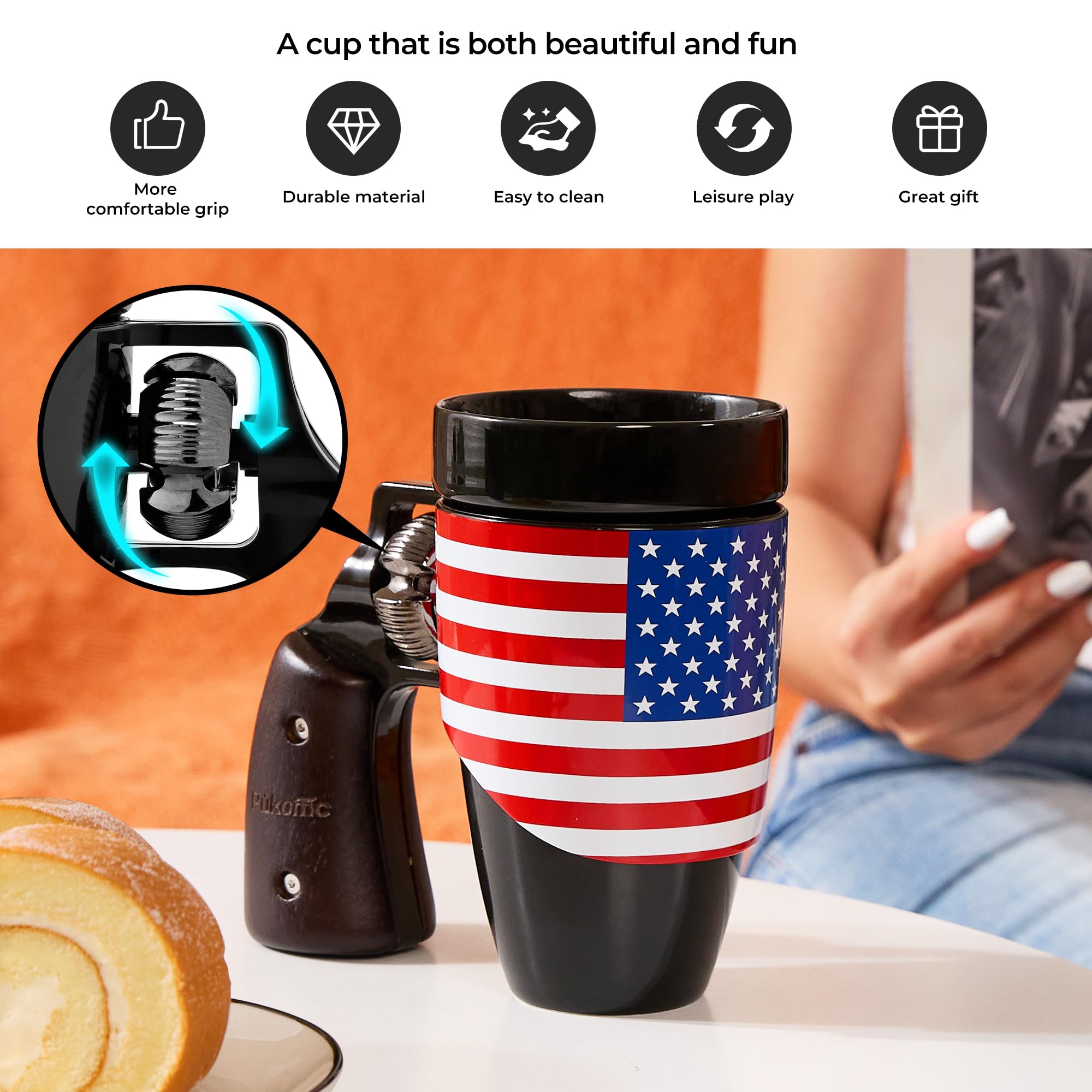 Pukomc Novelty Ceramic Coffee Mug, Birthday Gifts for Men and Women, fathers gifts, Gun Coffee Mugs for Men (16OZ) (Black & Flag)