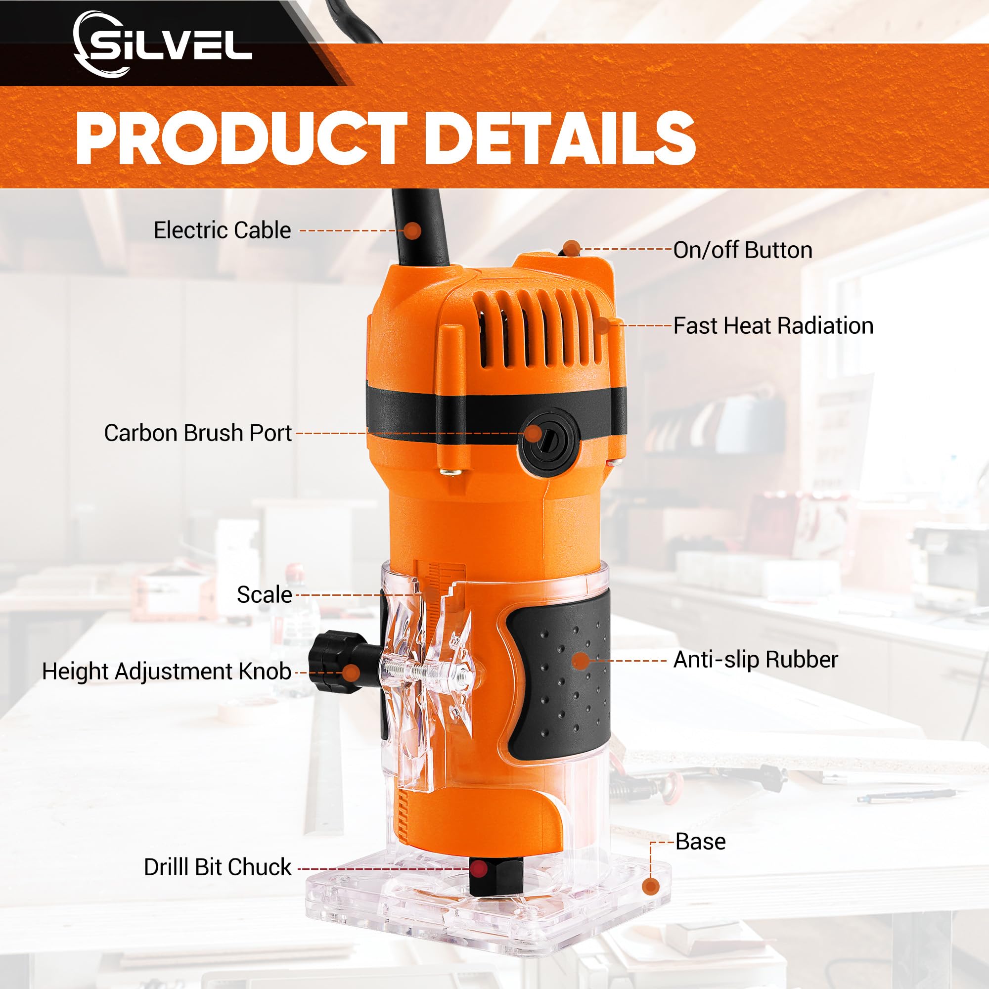 SILVEL Wood Router, 800W Wood Routers for Woodworking, 6.5Amp 1.25HP Hand Wood Router Tool, 30000R/MIN Compact Edge Trimmer with 15 1/4" Router Bit Set, Orange