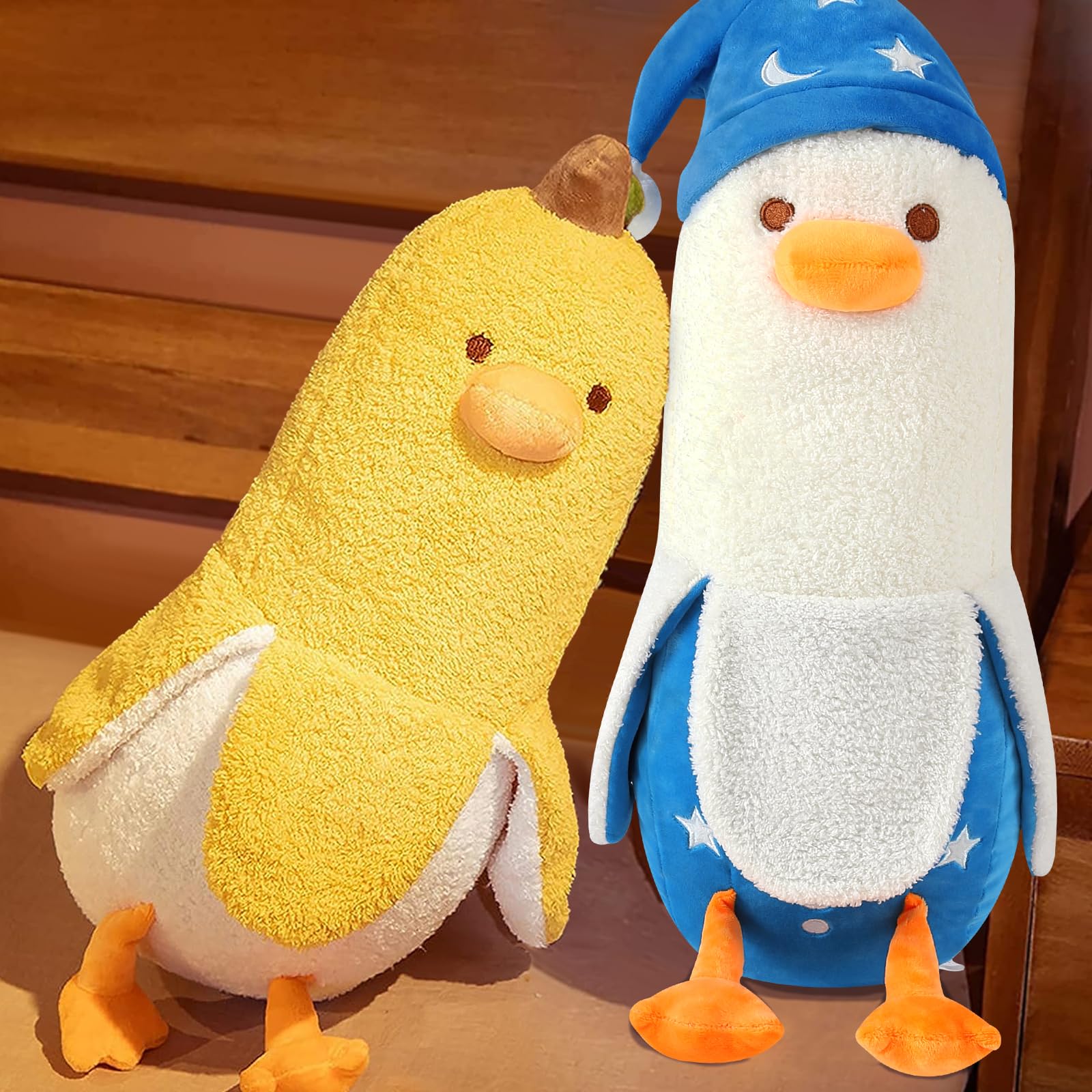 PEACH CAT Cute Long Banana Duck Plush Pillow Toy Cute Duck Plushie with Nightcap Duck Stuffed Animal for Kids White and Blue 19.7"