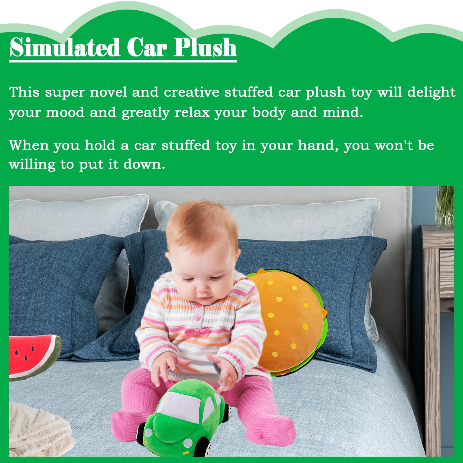 zhidiloveyou Car Plush Green Stuffed Car Shaped Pillow Cute Toy Decor Gifts for Kids 11.8 inch