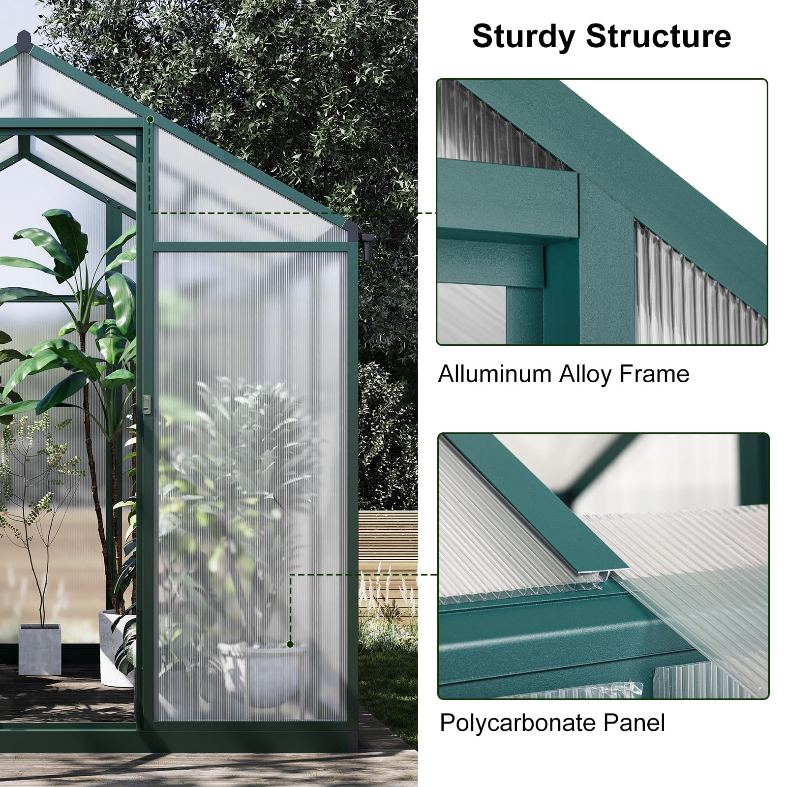 6x6 FT Greenhouse for Outdoors, Polycarbonate Greenhouse with Quick Setup Structure and Roof Vent, Aluminum Large Walk-in Greenhouse for Outside Garden Backyard, Green