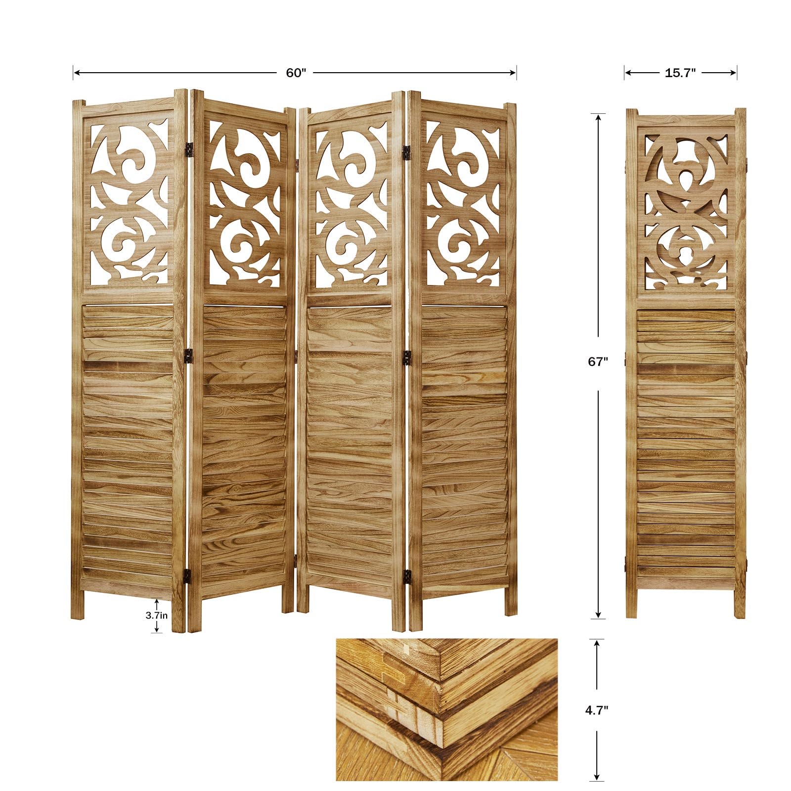 Svimi Folding Room Divider, 5.6Ft 4 Panels Wood Carved Privacy Screens, Free Assembled Freestanding Portable Reversible Functional Decorative Partition for Home Office Restaurant Bedroom (Wood)