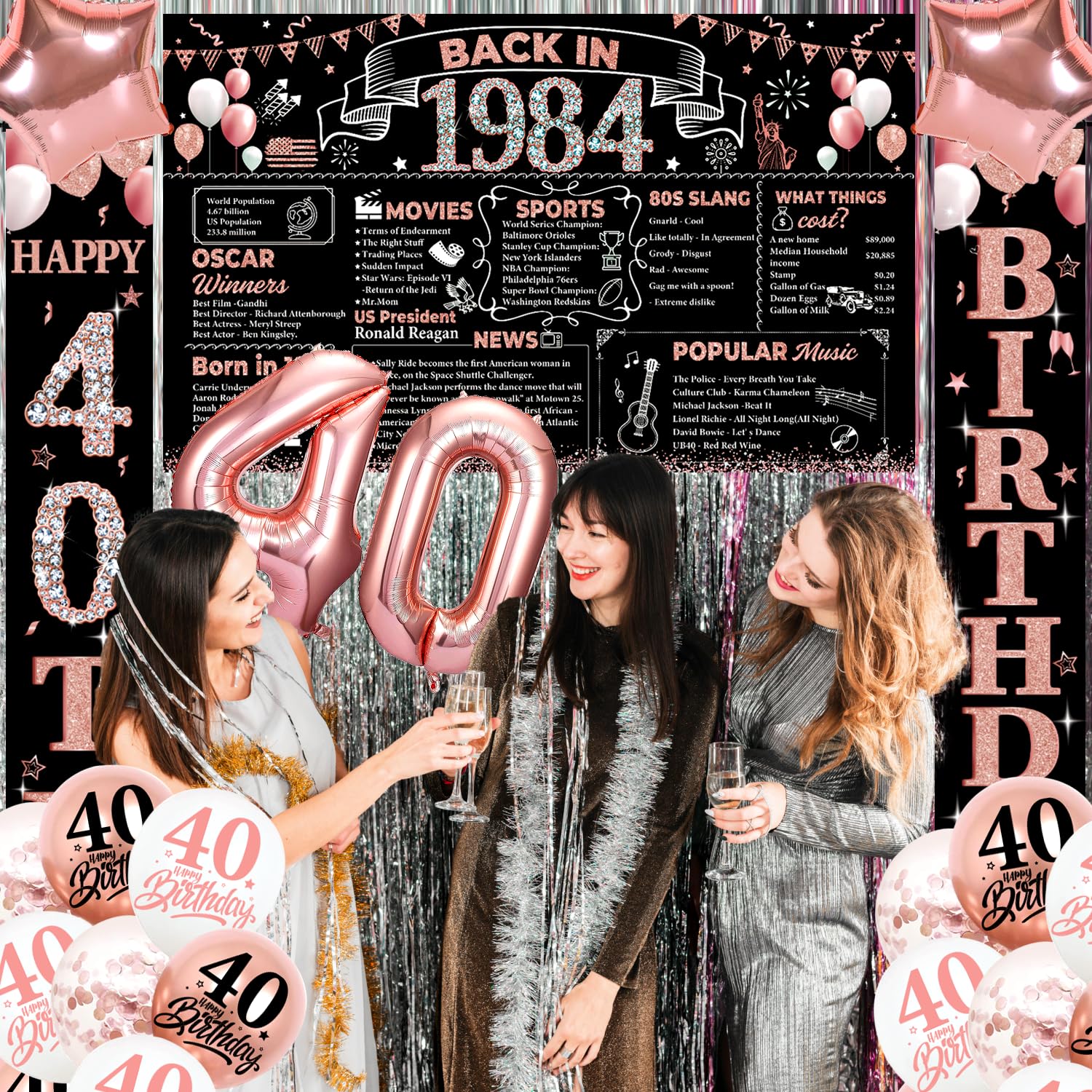 Cocomigo 40th Birthday Decorations Woman, 1984 40th Birthday Banner, Rose Gold 40th Birthday Decorations 40th Birthday Sash 40th Birthday Balloons Hanging Swirls 40th birthday decorations