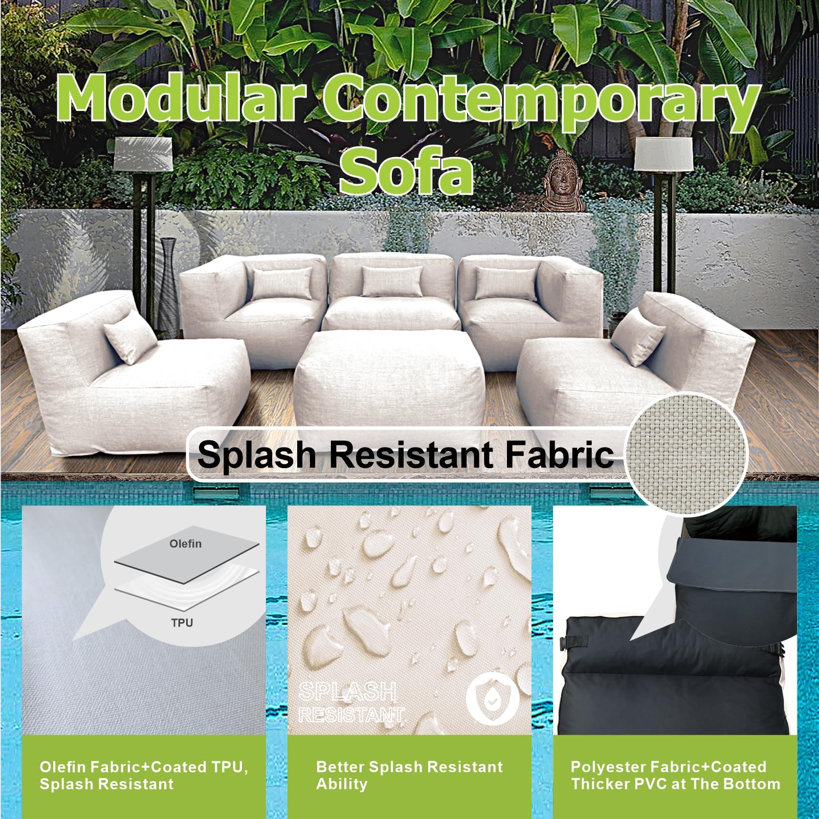 ANNYH CALALUNA 6Pc PATIO Furniture Sectional Conversation Set. Combines 3Middle, 2Corner, 1Ottoman/Coffee OUTDOOR Exp Foam Filled CHAIRS. A UNIQUE Modular Contemporary Sofa Could Gray (Sand Beige)