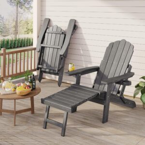 Qsun Adjustable Backrest Folding Adirondack Chair with Ottoman & 2 Cup Holders, HIPS Weather Resistant Adirondack Chair, Outdoor Fire Pit Chair for Beach, Pool, Deck, Porch, Yard, Lawn, Grey