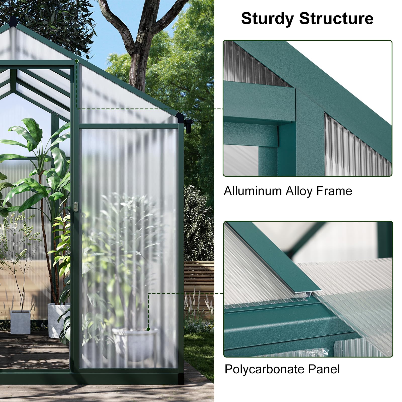 6x8 FT Greenhouse for Outdoors, Polycarbonate Greenhouse with Quick Setup Structure and Roof Vent, Aluminum Large Walk-in Greenhouse for Outside Garden Backyard, Green