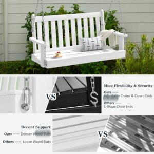 SUNLEI Patio Porch Swing, 2-Seated Bench Swing with Hanging Chains and Cozy Armrests, 45in Wooden Hanging Swing Chair for Outdoor Garden Courtyard, White