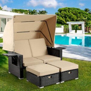 MAGIC UNION Patio Sofas with Retractable Canopy, Outdoor Wicker Furniture Set Poolside Sunbed, Patio Seating Chairs with Ottomans, Adjustable Backrest for Backyard (Khaki)