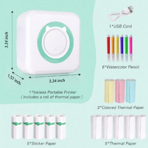 Netholid Mini Portable Printer with 14 Rolls Sticker Paper, Pocket Bluetooth Thermal Printer for Photo Travel Memo Scrapbook, Compatible with Phone (WhiteGreen, 1 Printer + 13 Roll Paper)