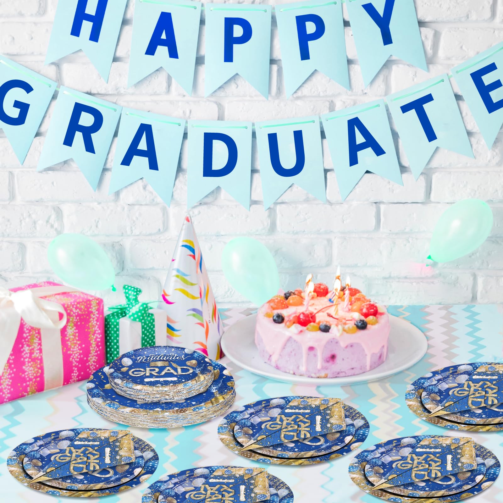 GWHOLE Grad Party Plates and Napkins, Class of 2024 Plates and Napkins, Blue Paper Plates, Graduation Paper Products for Backyard Graduation Party, Serve 24