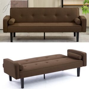 convertible folding sofa bed futon,mid-century velvet fabric love seat sofa furniture,upholstered sleeper couch with 2 pillows&wood legs for small space living room apartment office (brown-)