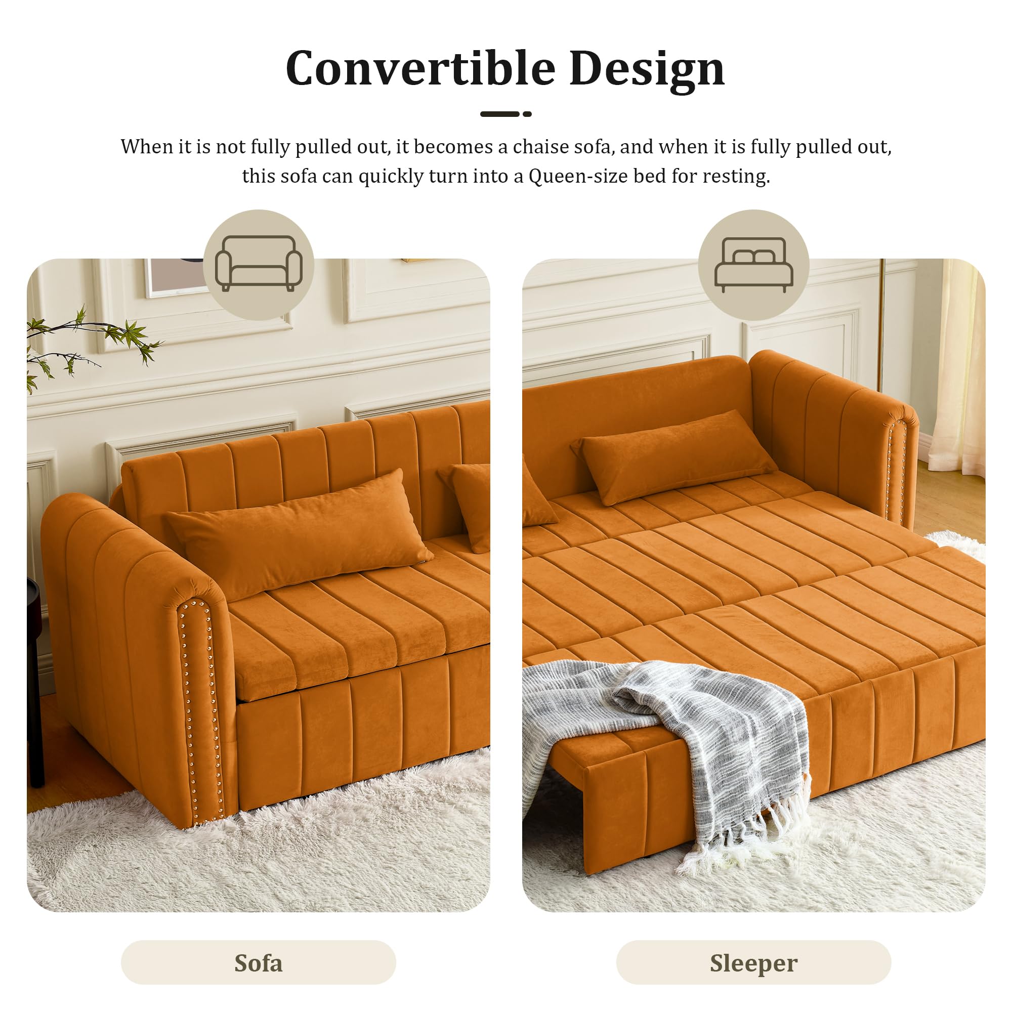 DEINPPA Sleeper Sofa Bed with Storage, Pull Out Sofa Bed with Nailhead Tirm Embellishment, Convertible Futon Bed for Living Room Bedroom Guestroom Lounge, Velvet Fabric-Orange