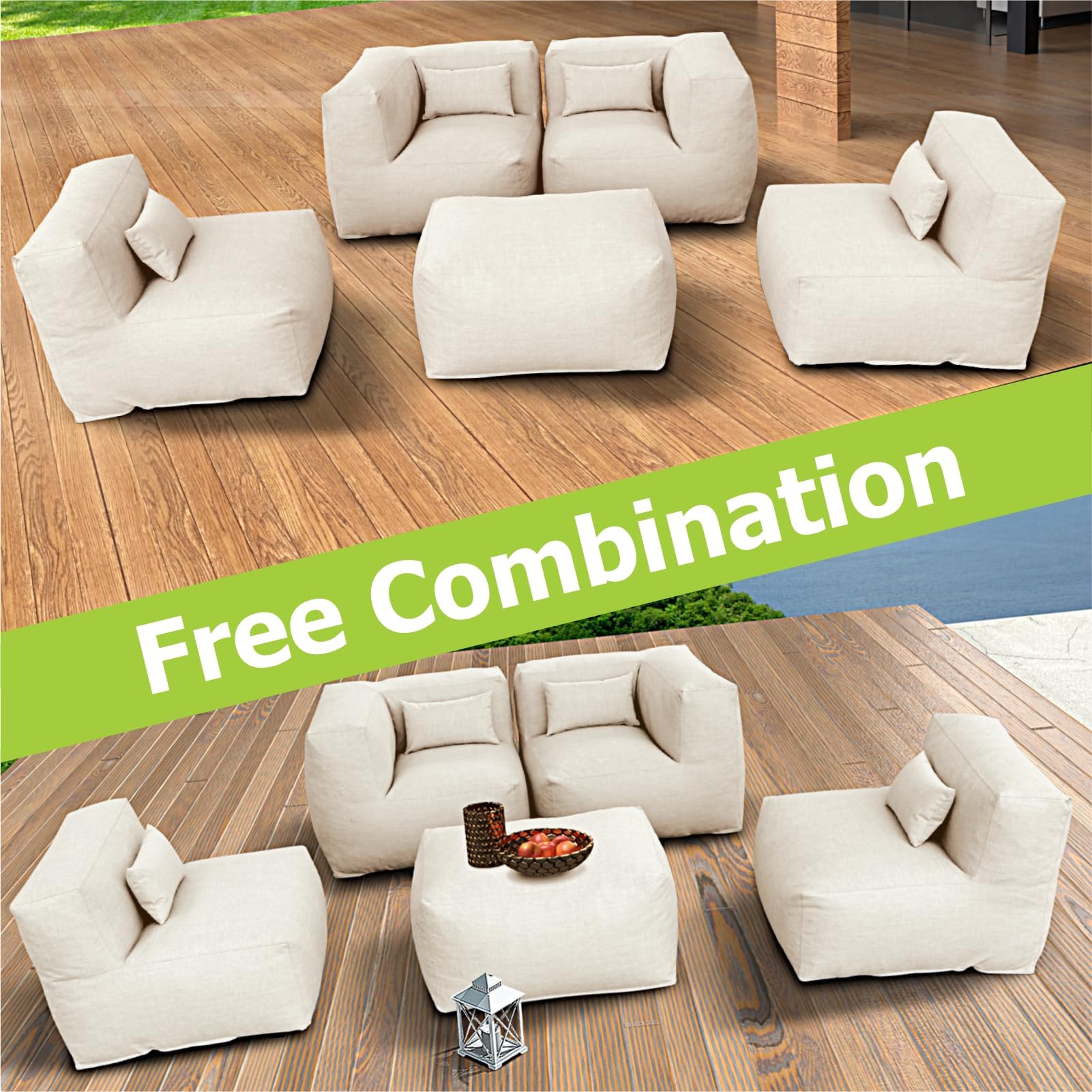 ANNYH Modern Calaluna 5Pc OUTDOOR Furniture Sectional Conversation Set- COMBINATION of 2Middle 2Corner 1Ottoman/Coffee-Expansion Foam Filling chairs-A UNIQUE Modular Contemporary Sofa (Sand Beige)