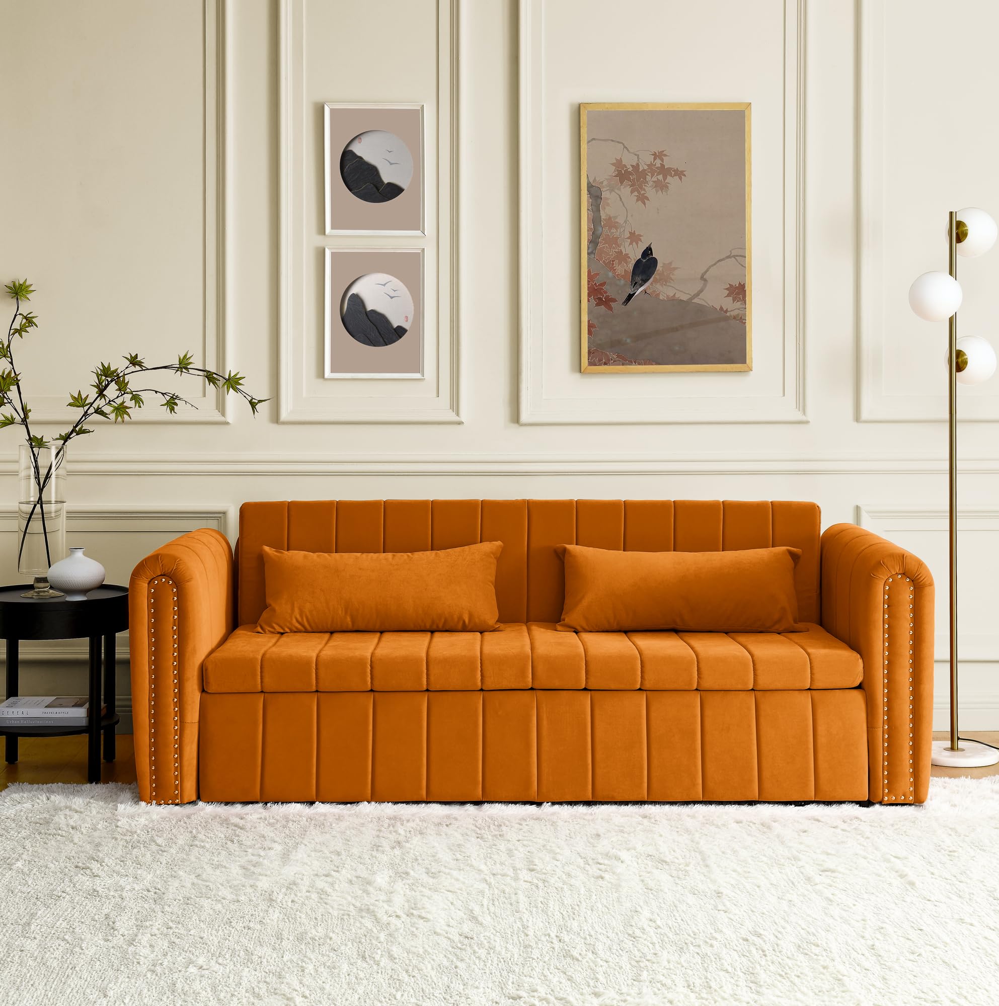 DEINPPA Sleeper Sofa Bed with Storage, Pull Out Sofa Bed with Nailhead Tirm Embellishment, Convertible Futon Bed for Living Room Bedroom Guestroom Lounge, Velvet Fabric-Orange