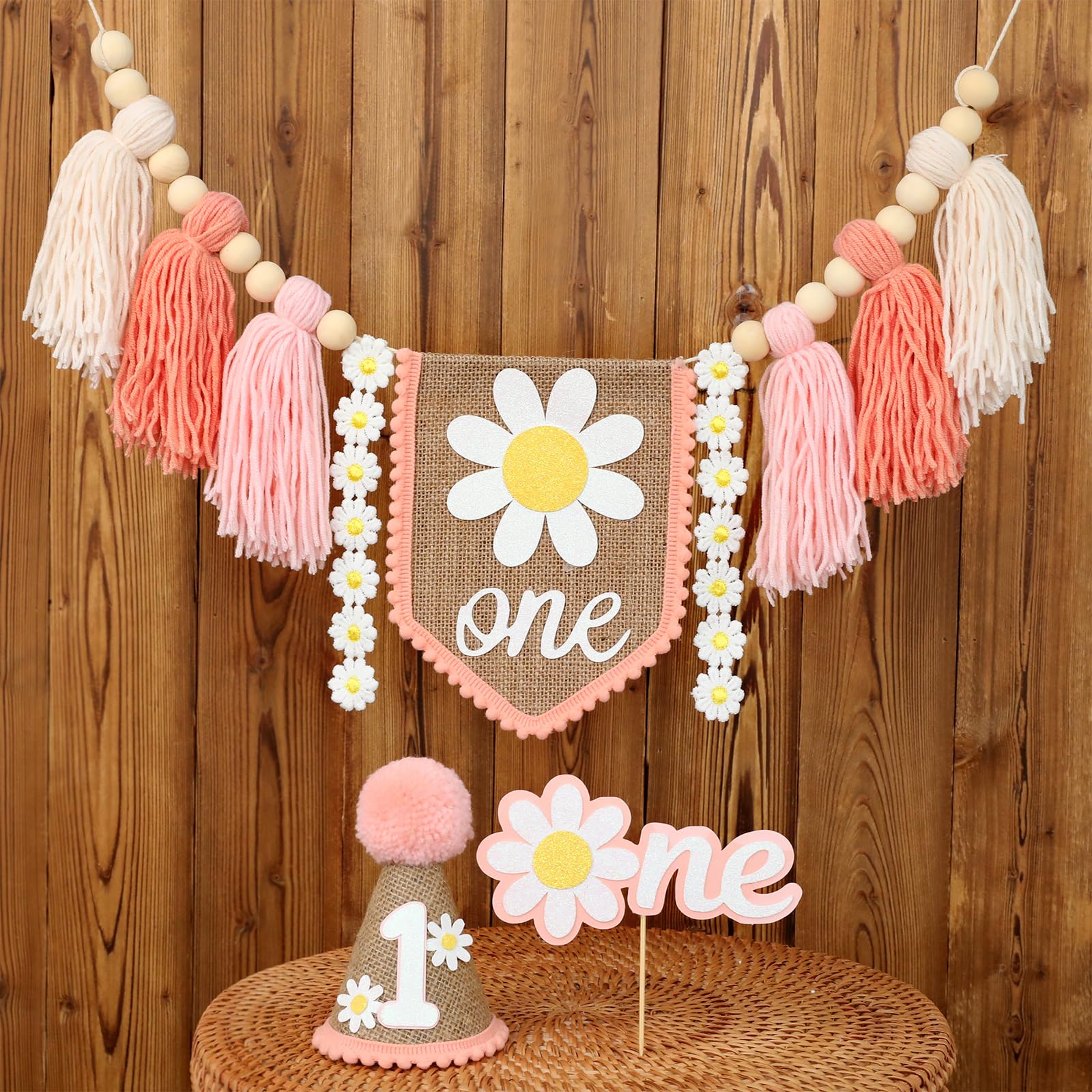 Handmade Boho 1st Birthday High Chair Banner Boho 1st Birthday Hat Decorations Party For Girl Baby Shower Wall Hangings Decorative For Kids Bedroom Daisy Birthday Hat