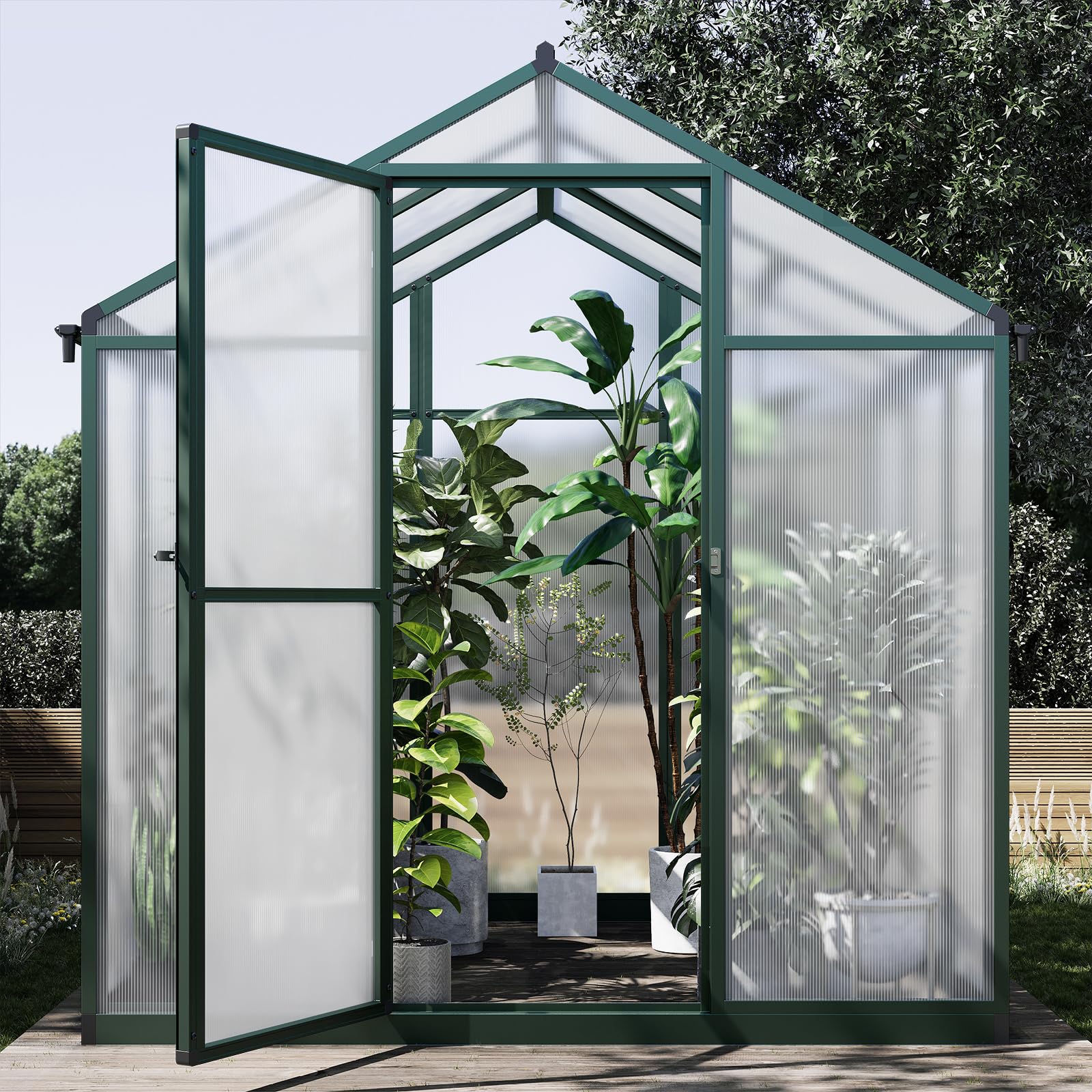 6x6 FT Greenhouse for Outdoors, Polycarbonate Greenhouse with Quick Setup Structure and Roof Vent, Aluminum Large Walk-in Greenhouse for Outside Garden Backyard, Green