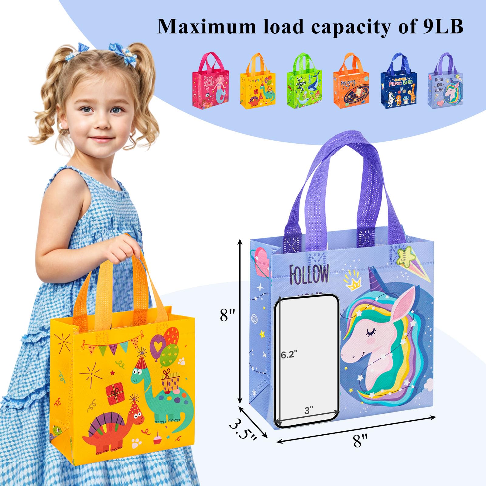 JOHOUSE 6PCS Reusable Gift Bags with Handles, 8x3.5x8 inches Assorted Gift Wrap Bags Large Gift Bags with Super Cute Patterns for Birthdays, Baby Showers, Bridal Showers & Other Occasions