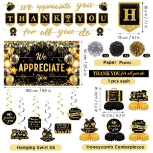 We Appreciate You Decorations Black Gold Thank You for All You Do Banner Honeycomb Centerpieces Hanging Swirls Employee Staff Appreciation Gifts Pastor Teacher Appreciation Fathers Day Party Decor