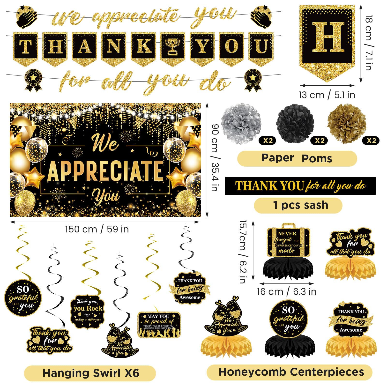 We Appreciate You Decorations Black Gold Thank You for All You Do Banner Honeycomb Centerpieces Hanging Swirls Employee Staff Appreciation Gifts Pastor Teacher Appreciation Fathers Day Party Decor