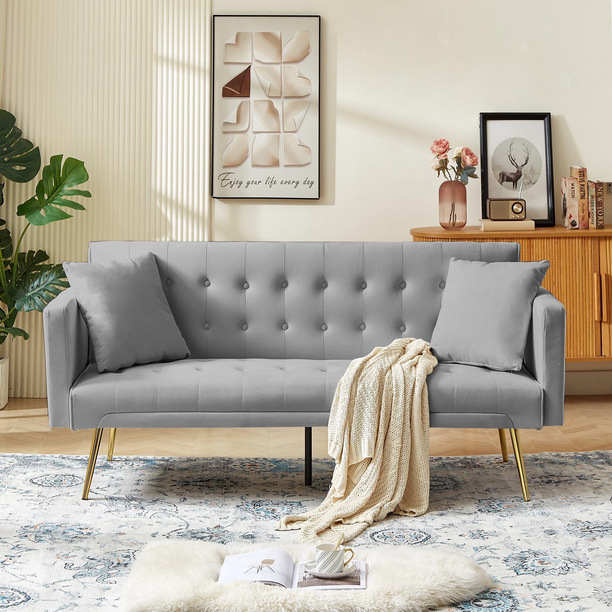 Anwick Modern Velvet Futon Sofa Bed: 72" Satin Convertible 2 Pillows Tufted Back Golden Metal Legs Folding Sleeper Loveseat for Small Space Home Office Living Room (Grey)