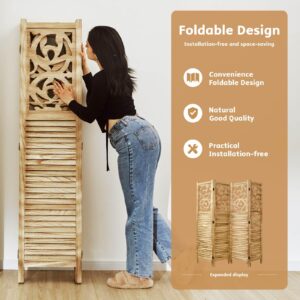 Svimi Folding Room Divider, 5.6Ft 4 Panels Wood Carved Privacy Screens, Free Assembled Freestanding Portable Reversible Functional Decorative Partition for Home Office Restaurant Bedroom (Wood)