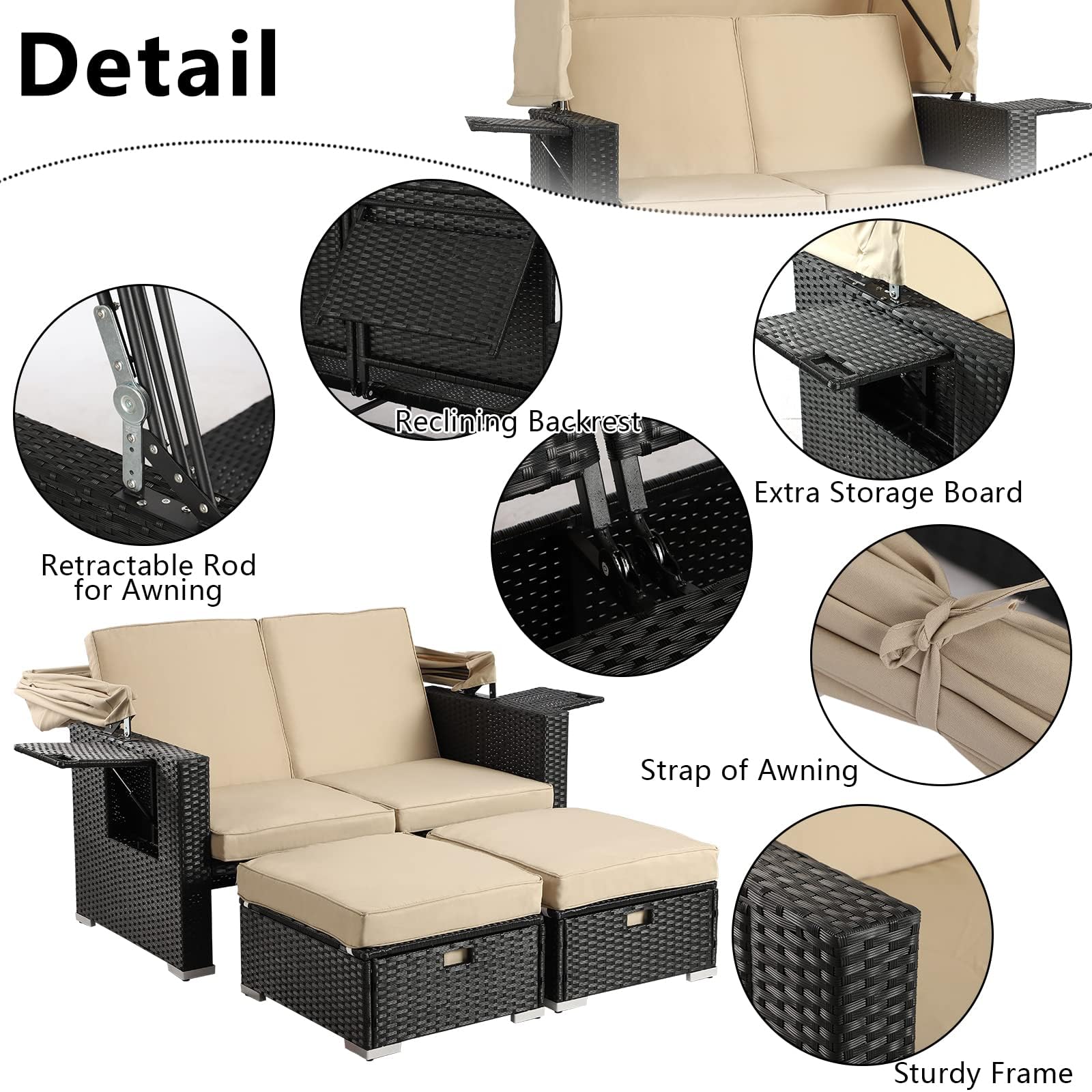 MAGIC UNION Patio Sofas with Retractable Canopy, Outdoor Wicker Furniture Set Poolside Sunbed, Patio Seating Chairs with Ottomans, Adjustable Backrest for Backyard (Khaki)