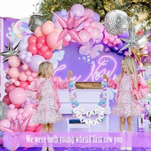 Pink and purple balloon arch Kit with Mylar star Disco Ball Balloon Garland for music fans theme teenage girl Birthday Party Prom Decorations (Pink purple silver)