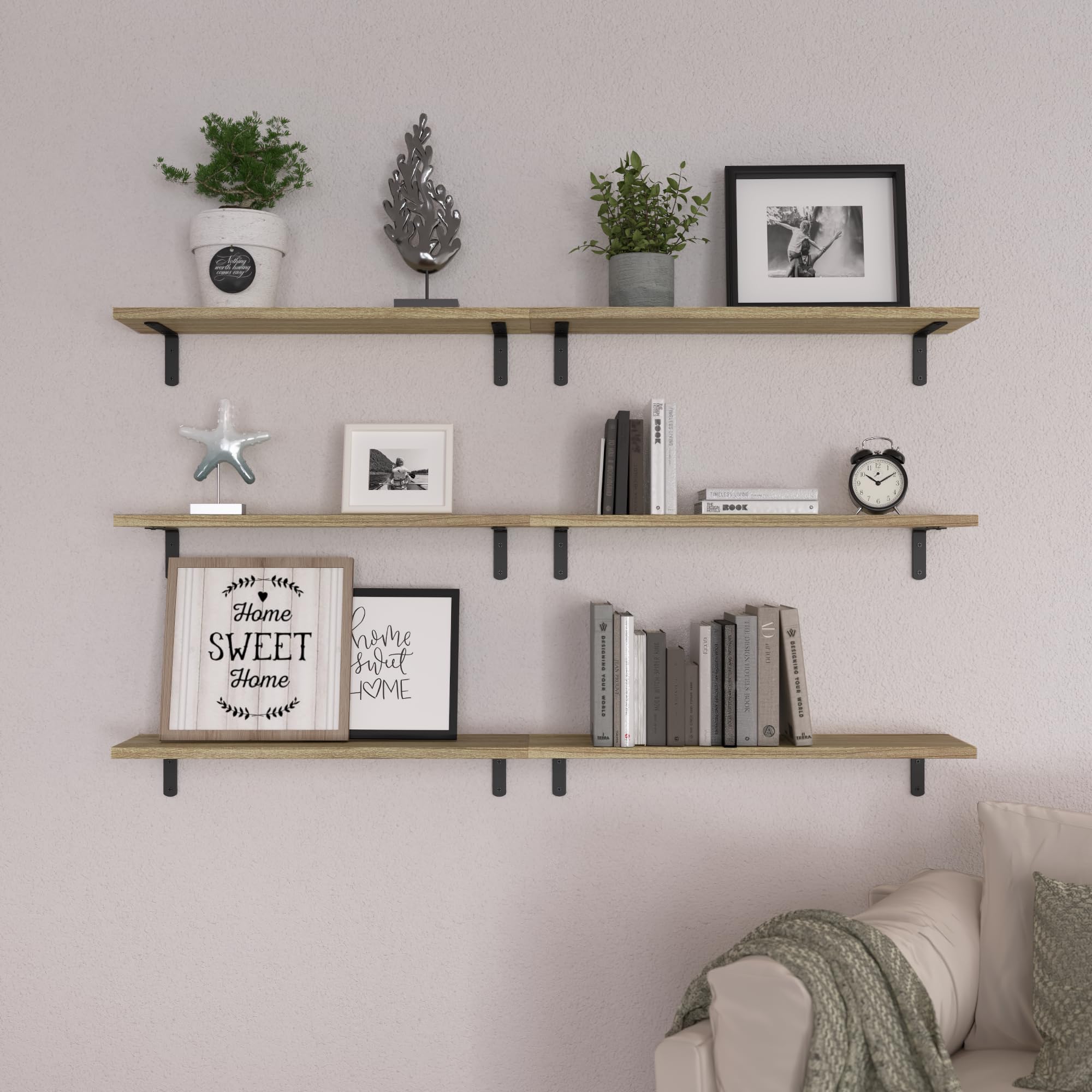 WOPITUES Wood Floating Shelves Set of 6, 24 inch Long Floating Shelves for Wall Decor, Farmhouse Shelf for Bedroom, Bathroom Storage Shelves, Book Shelves for Living Room - Rustic Brown