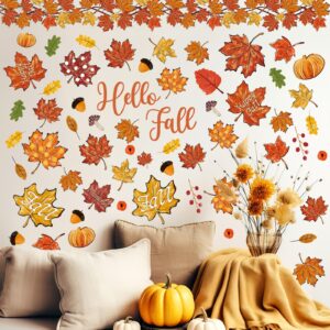 JarThenaAMCS 9 Sheet Thanksgiving Wall Stickers Fall Adhesive Oil Painting Maple Leaf Pumpkin Acorn Wall Decals Removable Mural Wall Decor for Home Classroom Autumn Supplies