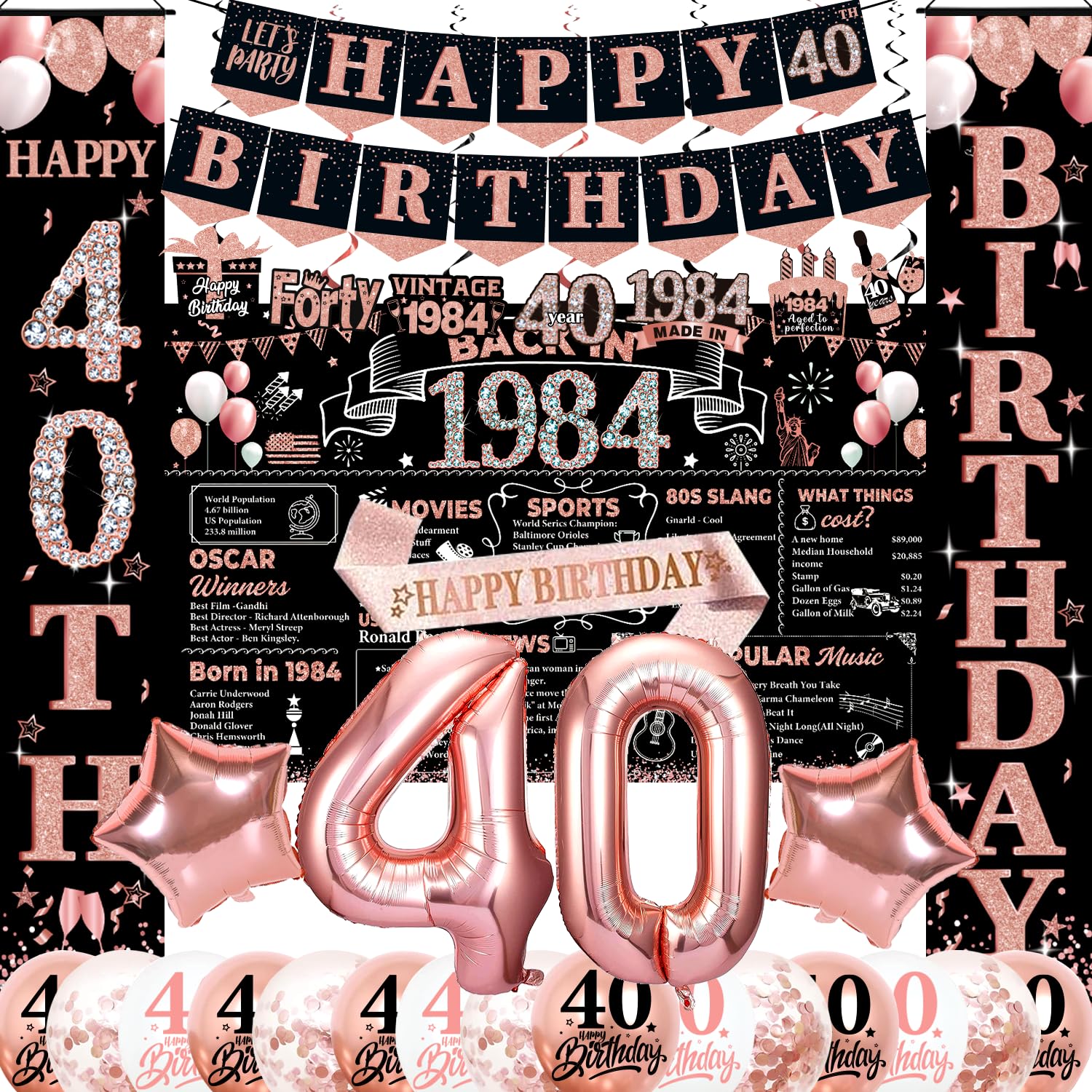 Cocomigo 40th Birthday Decorations Woman, 1984 40th Birthday Banner, Rose Gold 40th Birthday Decorations 40th Birthday Sash 40th Birthday Balloons Hanging Swirls 40th birthday decorations