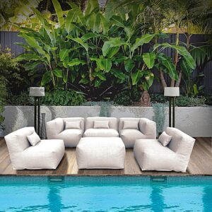 ANNYH CALALUNA 6Pc PATIO Furniture Sectional Conversation Set. Combines 3Middle, 2Corner, 1Ottoman/Coffee OUTDOOR Exp Foam Filled CHAIRS. A UNIQUE Modular Contemporary Sofa Could Gray (Sand Beige)