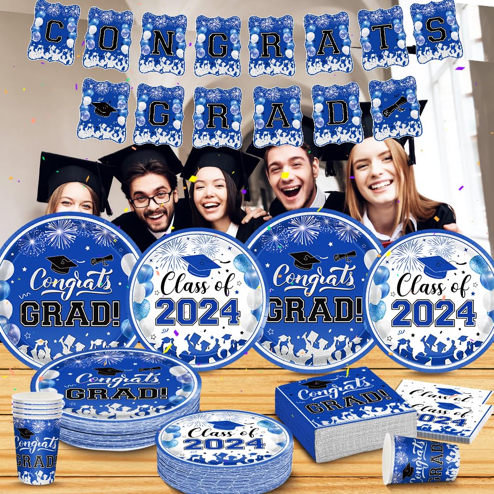 Graduation Plates and Napkins 2024 Graduation Decorations Class of 2024 Blue Silver Graduation Party Supplies Cups Tablecloth Banner Dineware for Congrats Grad Party Decorations Serve 25