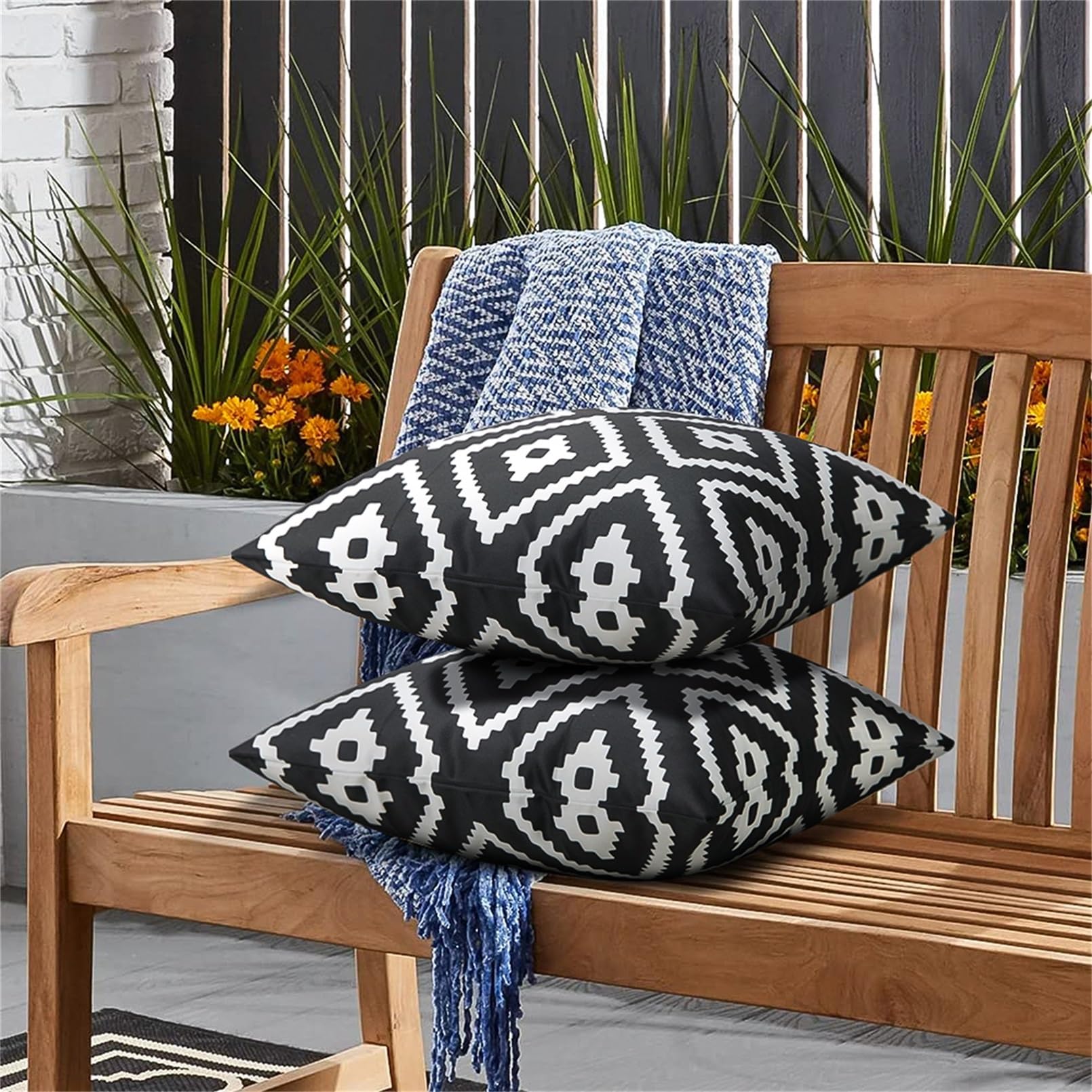 Adabana Outdoor Waterproof Boho Pillow Covers 18x18 Decorative Black and White Outdoor Throw Pillows Cover for Patio Furniture Garden Porch Pack of 2