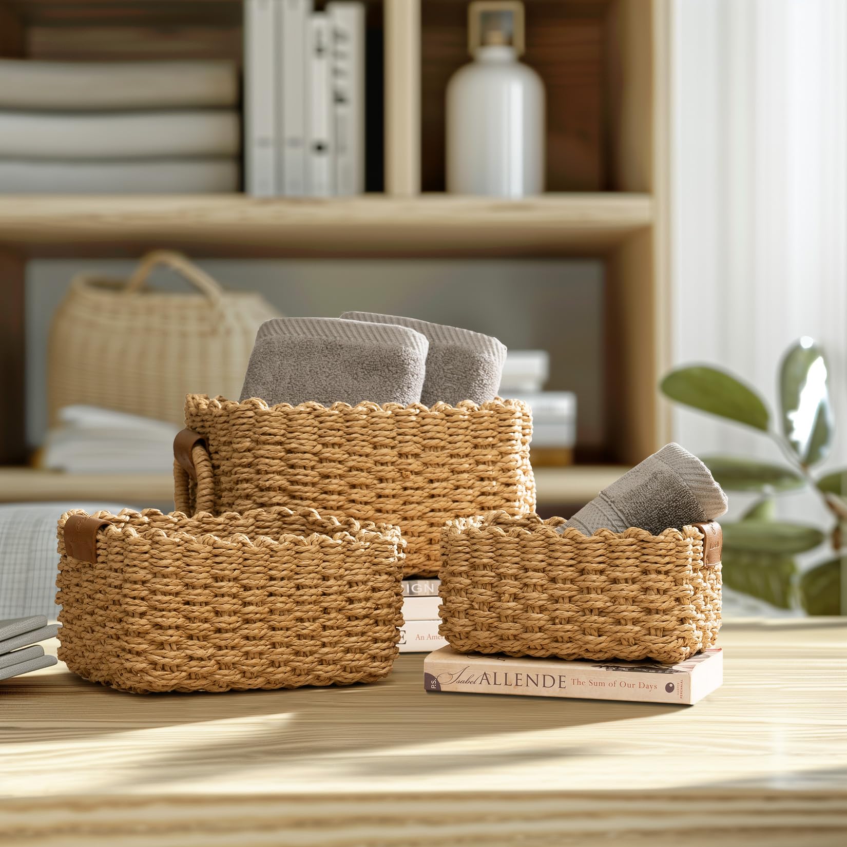 La Jolie Maison Small Sand Wicker Baskets Set of 3, Paper Rope Storage Baskets with Handle, Small Woven Baskets for Organizing, Decorative Cute Baskets for Gifts