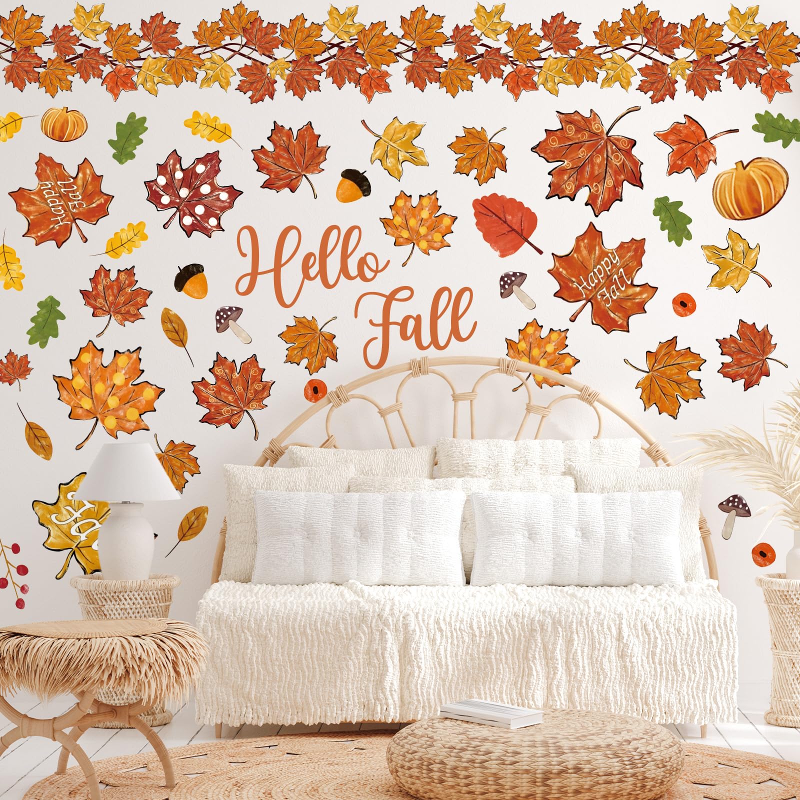 JarThenaAMCS 9 Sheet Thanksgiving Wall Stickers Fall Adhesive Oil Painting Maple Leaf Pumpkin Acorn Wall Decals Removable Mural Wall Decor for Home Classroom Autumn Supplies