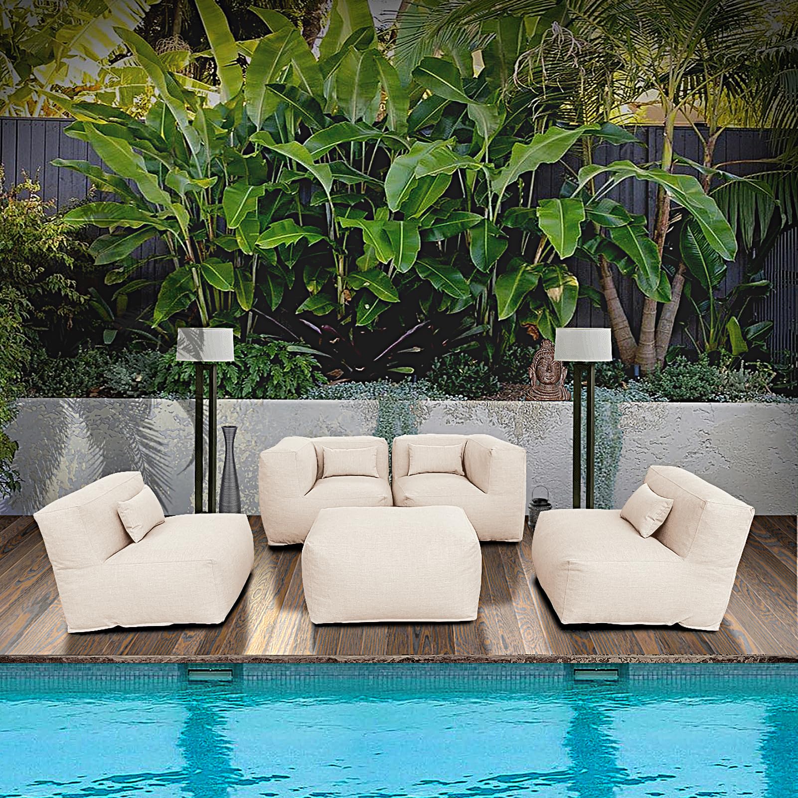 ANNYH Modern Calaluna 5Pc OUTDOOR Furniture Sectional Conversation Set- COMBINATION of 2Middle 2Corner 1Ottoman/Coffee-Expansion Foam Filling chairs-A UNIQUE Modular Contemporary Sofa (Sand Beige)