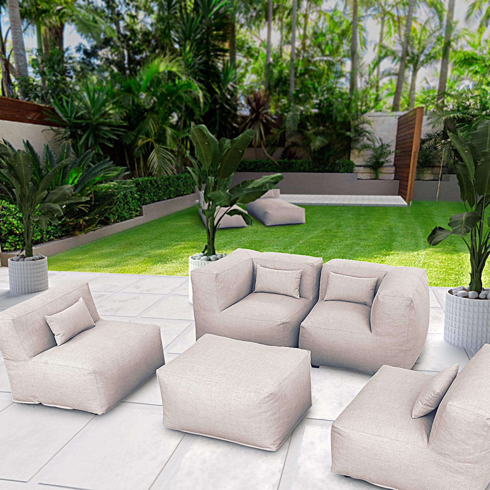 ANNYH Modern Calaluna 5Pc OUTDOOR Furniture Sectional Conversation Set- COMBINATION of 2Middle 2Corner 1Ottoman/Coffee-Expansion Foam Filling chairs-A UNIQUE Modular Contemporary Sofa (Sand Beige)