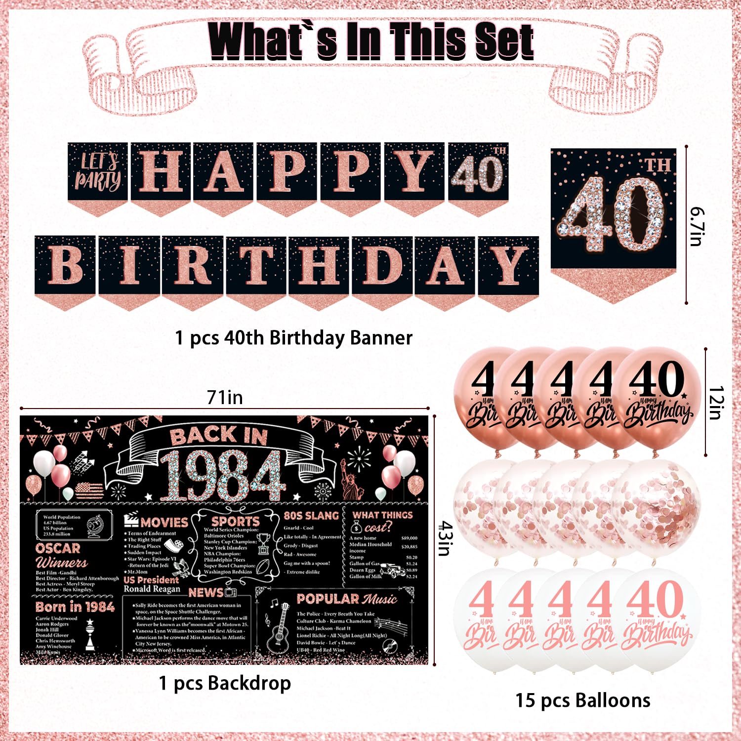 Cocomigo 40th Birthday Decorations Woman, 1984 40th Birthday Banner, Rose Gold 40th Birthday Decorations 40th Birthday Sash 40th Birthday Balloons Hanging Swirls 40th birthday decorations