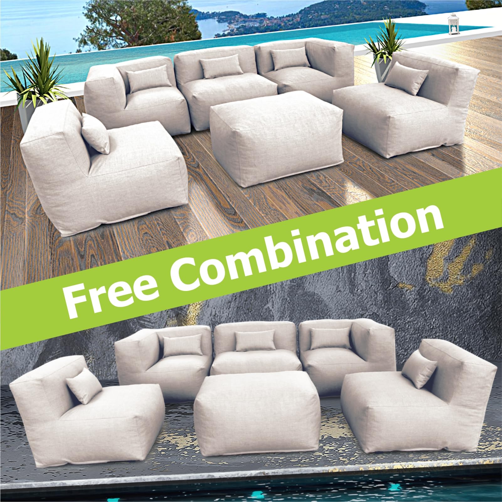 ANNYH CALALUNA 6Pc PATIO Furniture Sectional Conversation Set. Combines 3Middle, 2Corner, 1Ottoman/Coffee OUTDOOR Exp Foam Filled CHAIRS. A UNIQUE Modular Contemporary Sofa Could Gray (Sand Beige)