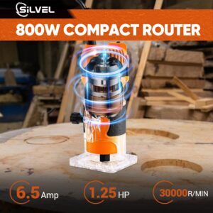 SILVEL Wood Router, 800W Wood Routers for Woodworking, 6.5Amp 1.25HP Hand Wood Router Tool, 30000R/MIN Compact Edge Trimmer with 15 1/4" Router Bit Set, Orange