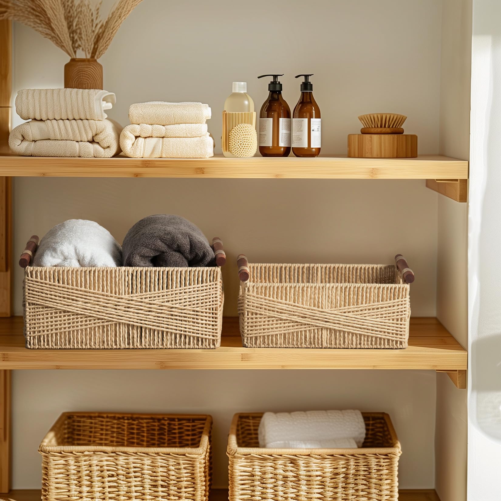 La Jolie Maison Beige Wicker Storage Baskets for Organizing, Recyclable Paper Rope Rectangular Baskets with Wood Handles, Decorative Hand Woven Basket Bins for Shelves, Set of 2