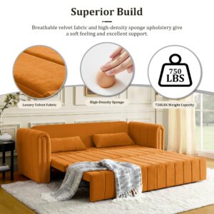 DEINPPA Sleeper Sofa Bed with Storage, Pull Out Sofa Bed with Nailhead Tirm Embellishment, Convertible Futon Bed for Living Room Bedroom Guestroom Lounge, Velvet Fabric-Orange