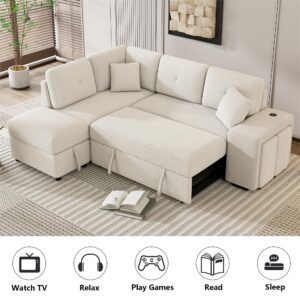 mikibama 88" Convertible Sleeper Sectional Pull Out Sofa Bed with Storage Ottoman, 2 Stools, Wireless Charger and 2 Hidden USB Ports, 4 Seat L Shape Couch for Living Room, Apartment, Cream