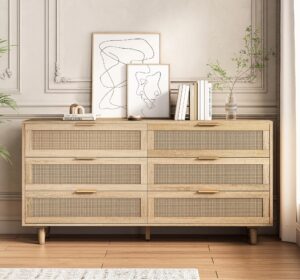 6 drawer double dresser for bedroom,natural rattan modern drawer chest,wooden storage wardrobe dresser with gold handles,floor standing storage cabinet, for entrance,living room,hallway-natural