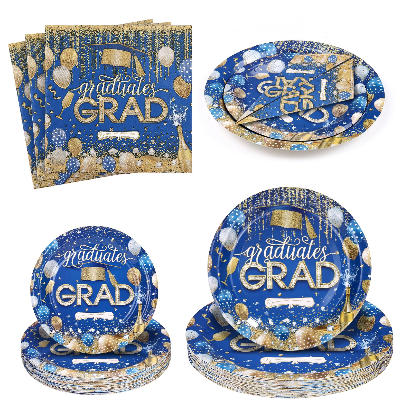 GWHOLE Grad Party Plates and Napkins, Class of 2024 Plates and Napkins, Blue Paper Plates, Graduation Paper Products for Backyard Graduation Party, Serve 24