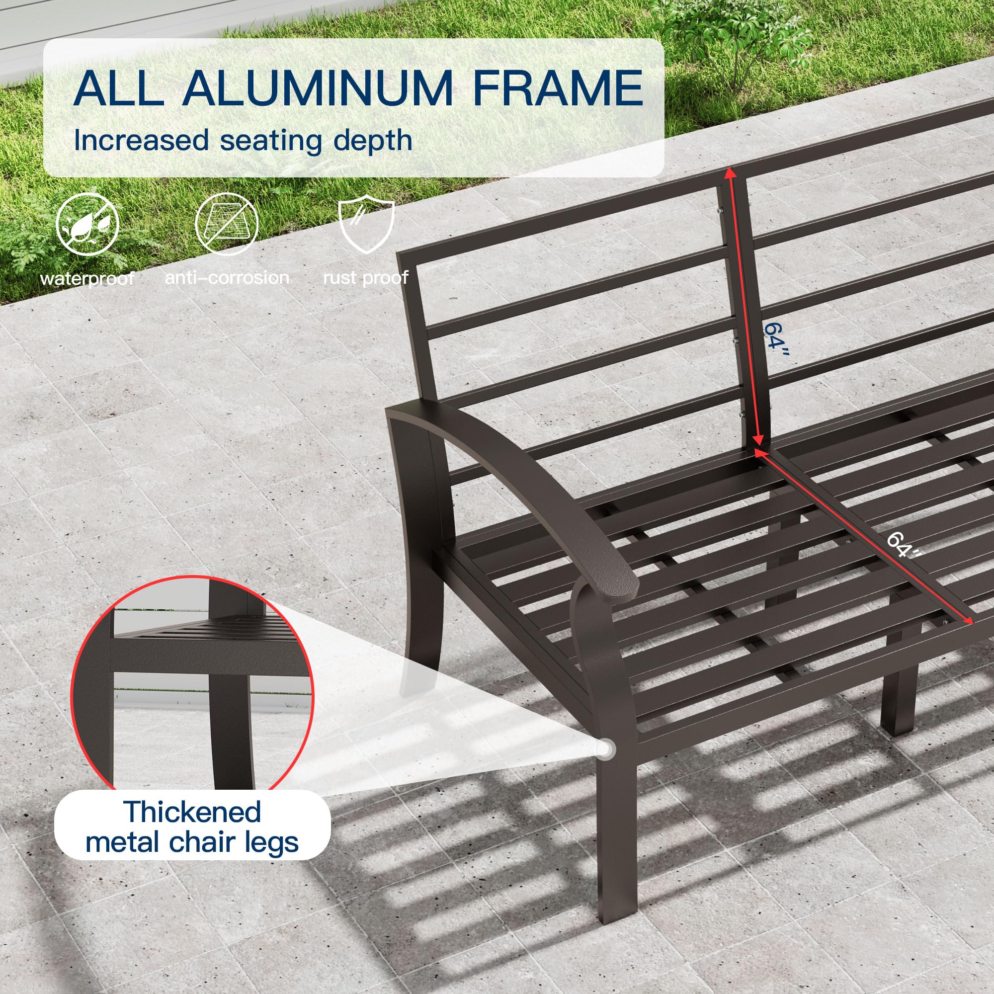 Kullavik Aluminum Patio Furniture Set,8 Pieces 9 Seat Metal Outdoor Furniture Conversation Set w/Patio Square Table Heater &Swivels,Navy Blue